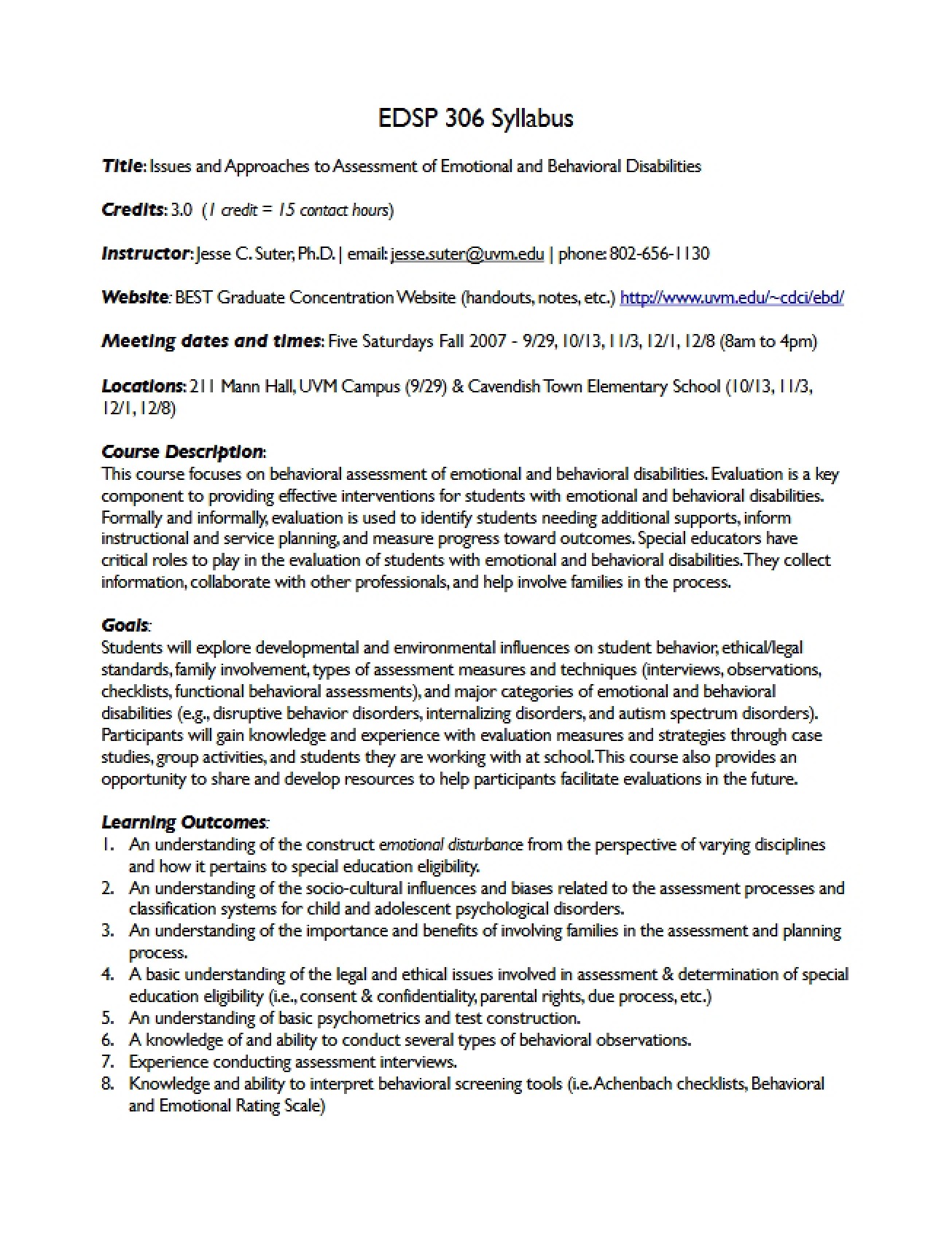 Assessment of Emotional and Behavioral Disabilities Syllabus