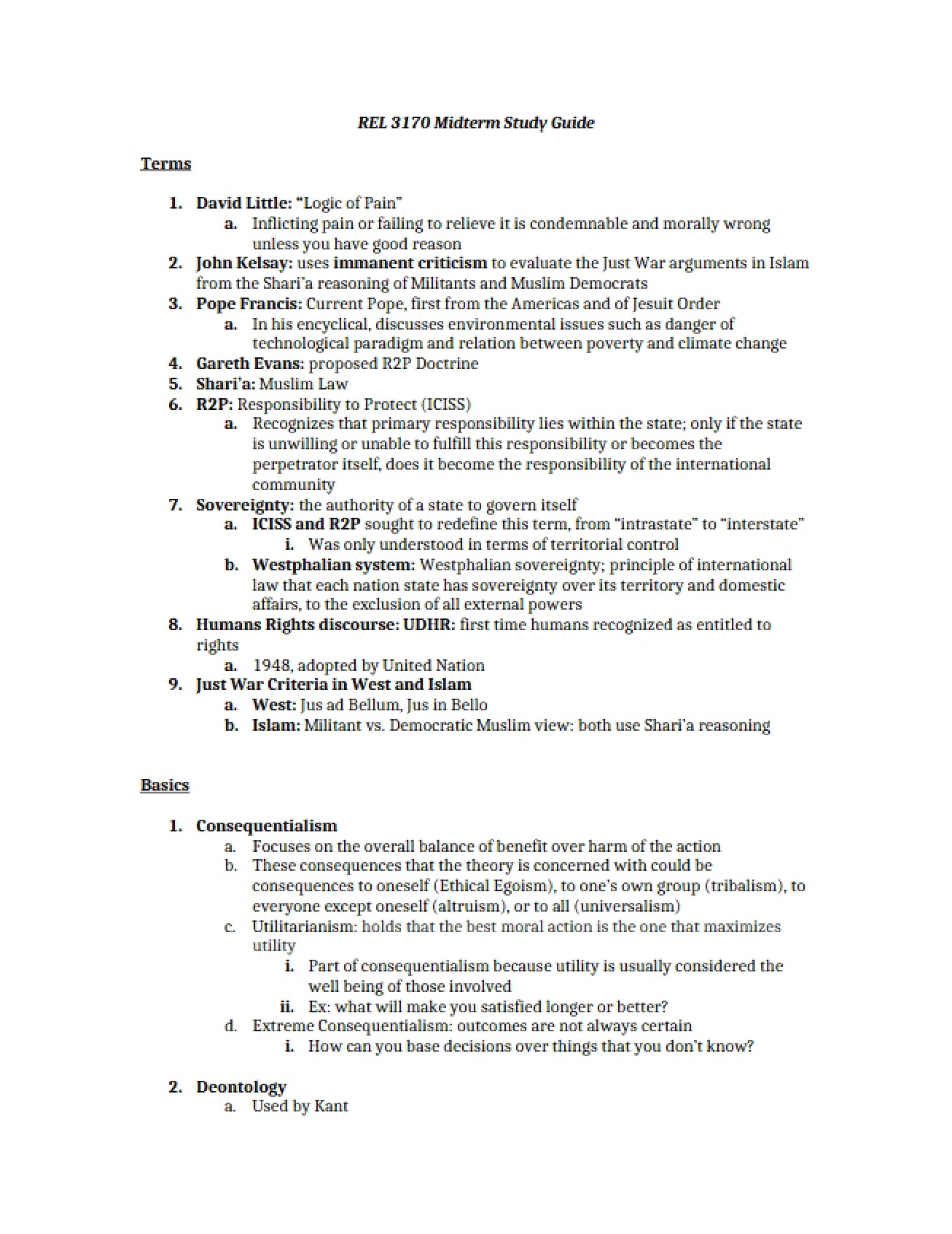 Midterm Study Guide for Ethics