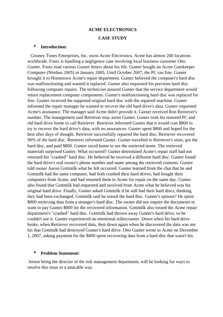 Case Study on Negligence at Acme Electronics