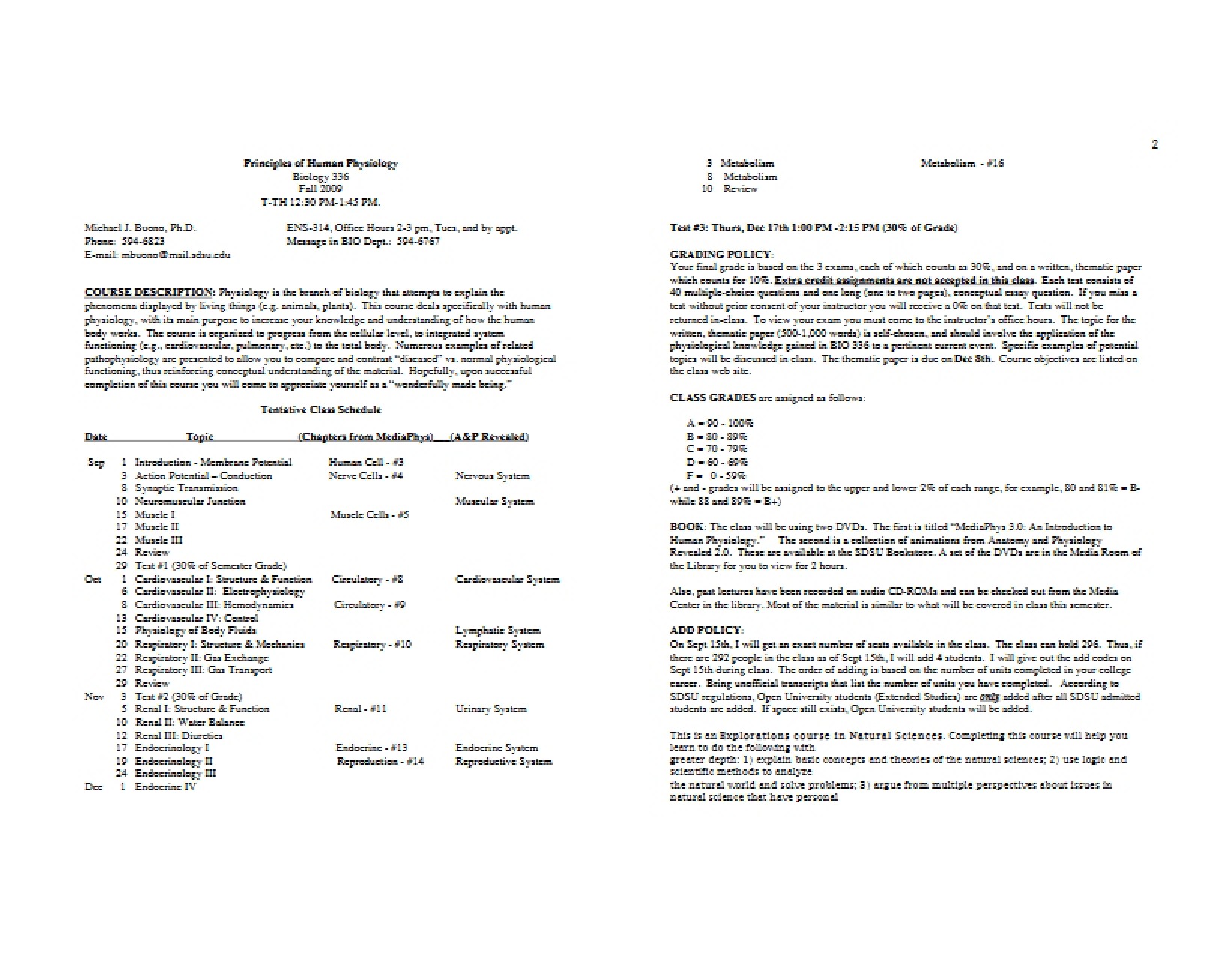 Course Syllabus Human Physiology