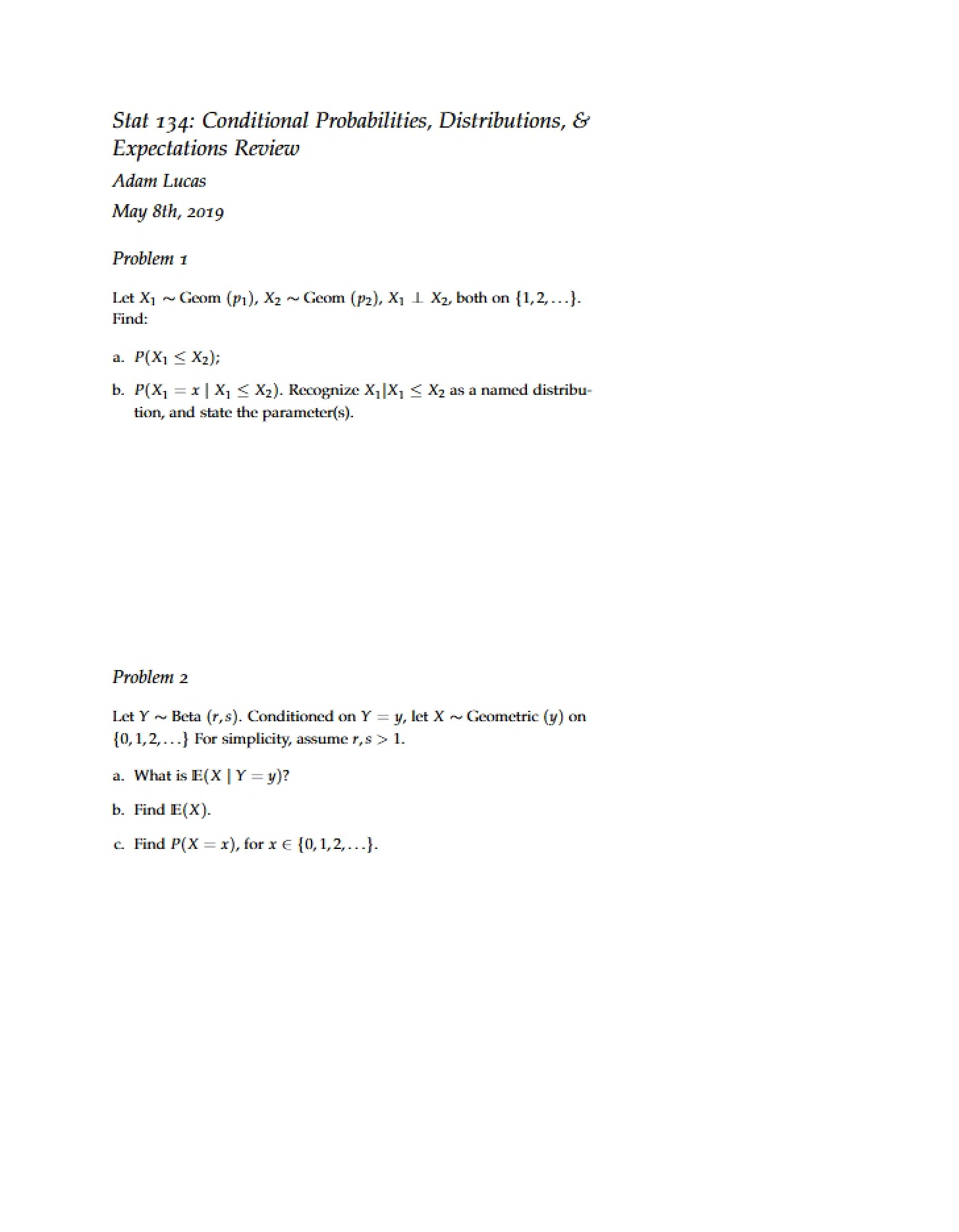 Review Expectations, Distributions, and Conditional Probabilities