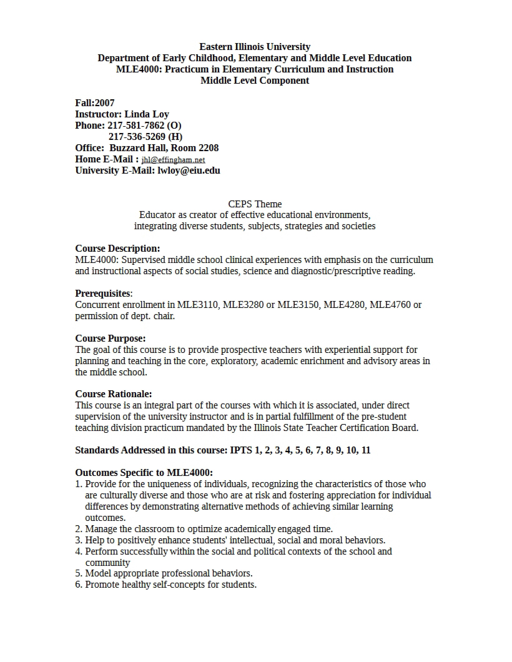 Syllabus for Middle School Practicum - 4 Pages