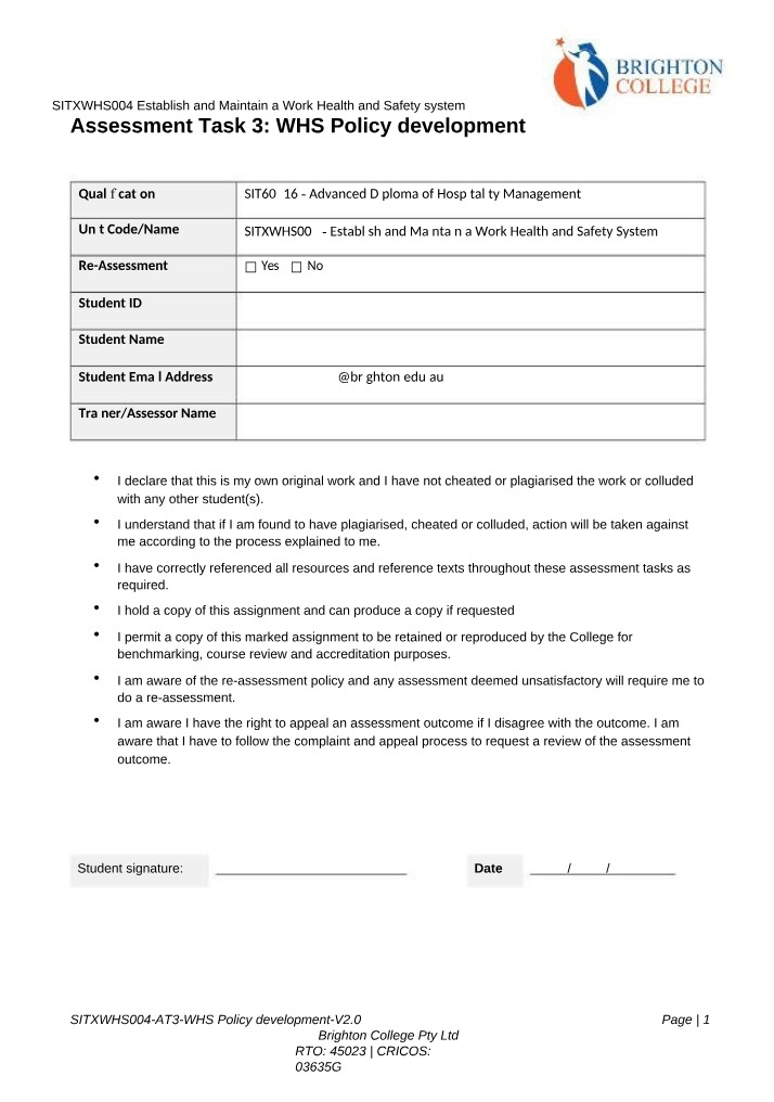 Maintaining a Work Health and Safety System - Task 3
