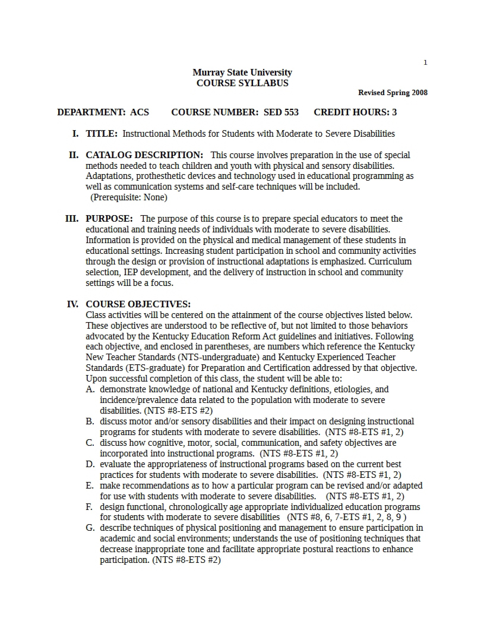Syllabus - Instructional Methods for Students with Moderate to Severe Disabilities