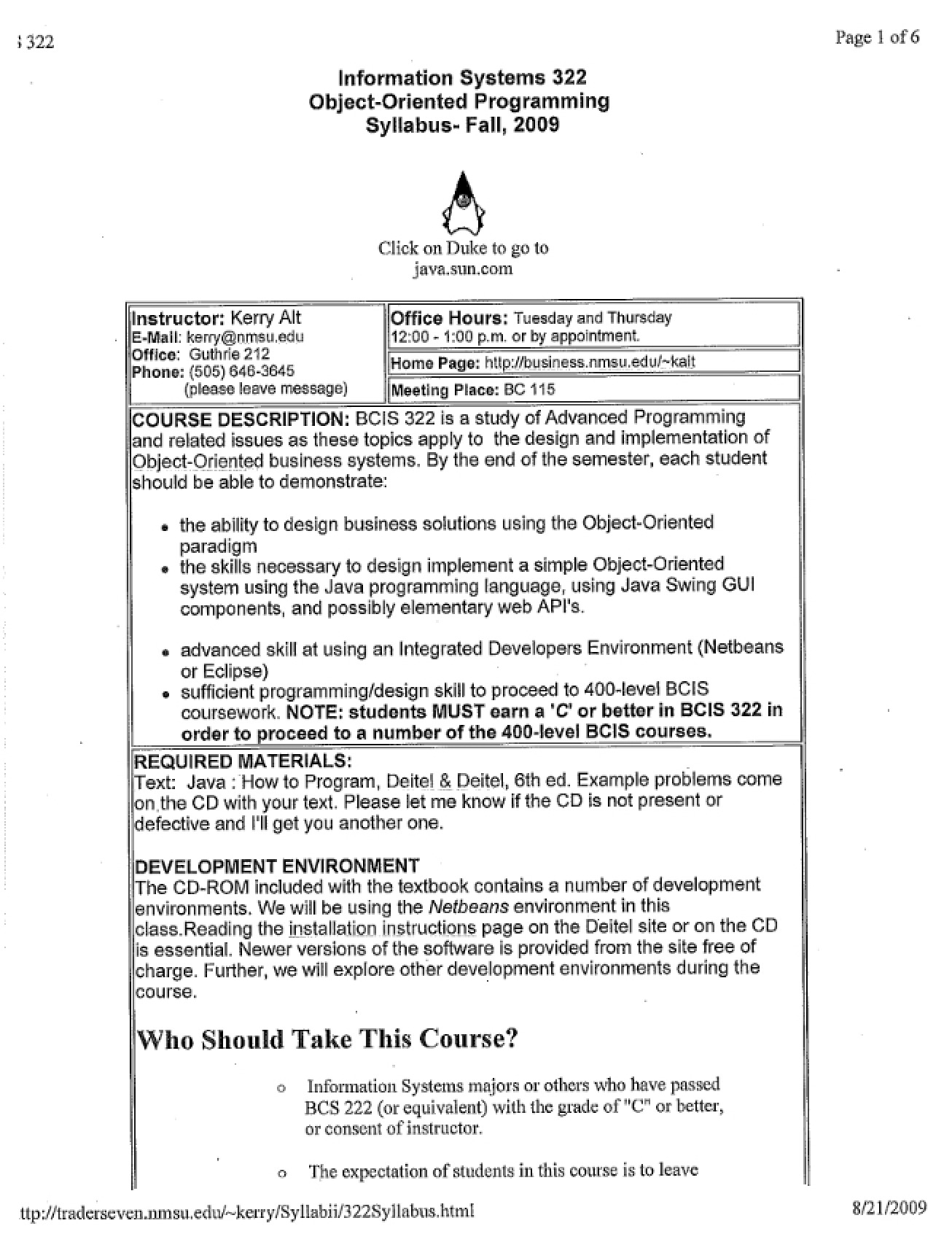 Object-Oriented Programming Syllabus from Fall 2009 by Dr. Kerry Alt