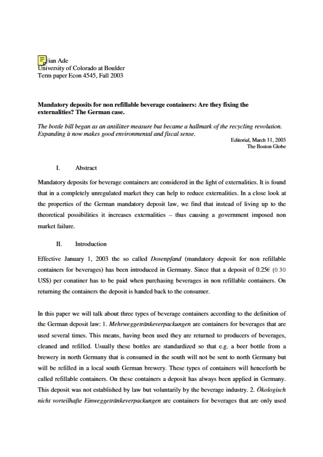 Mandatory Deposits for Non-Refillable Beverage Containers