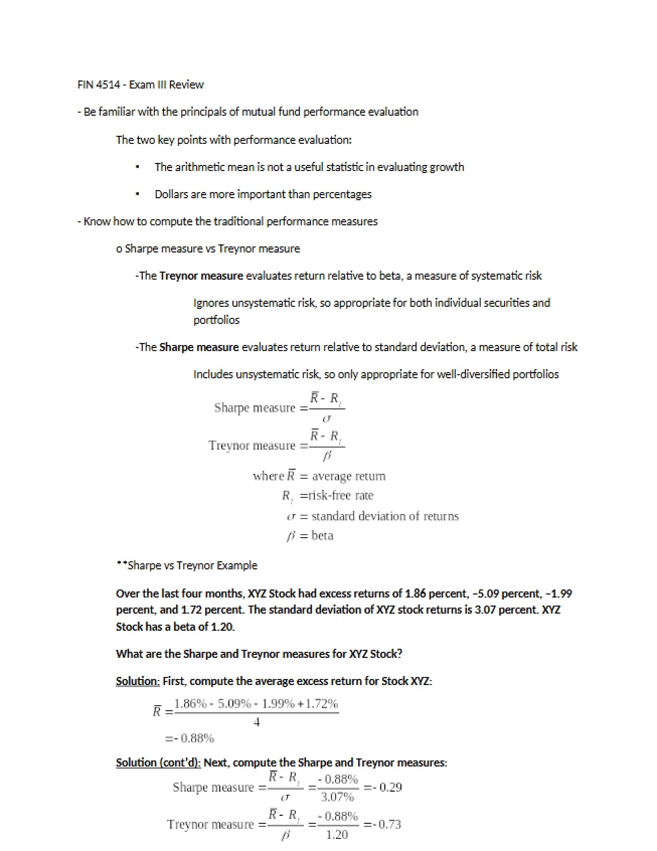 Review for Exam Three in Portfolio Management