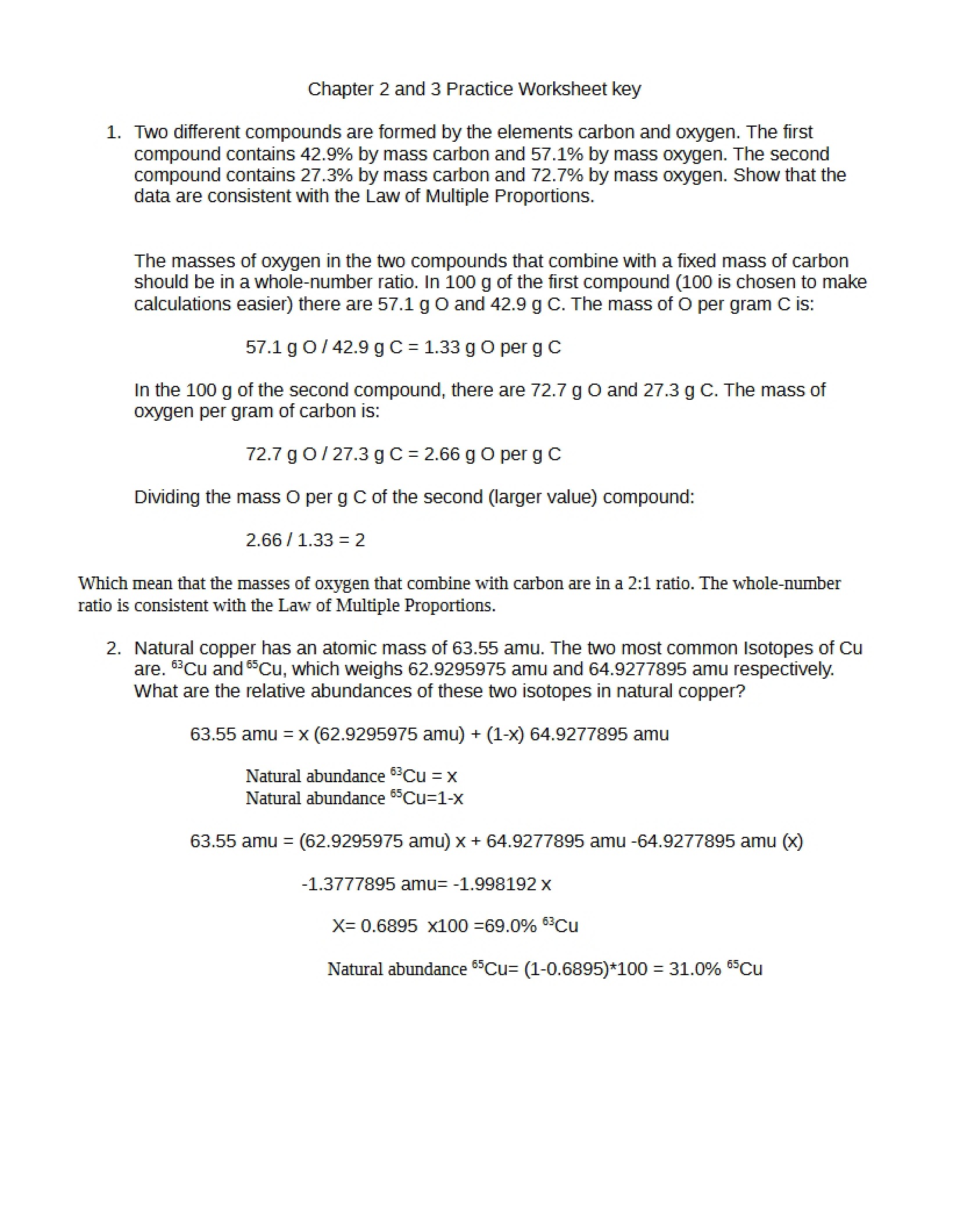 Chem 141 Practice Worksheet Chapters 2 and 3