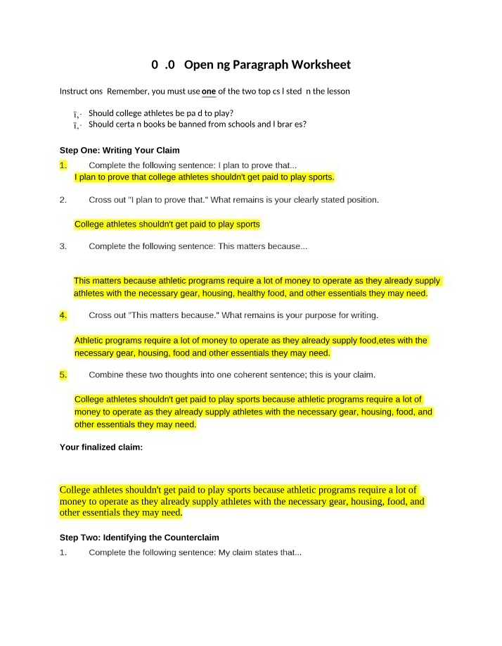 Opening Paragraphs - Worksheet