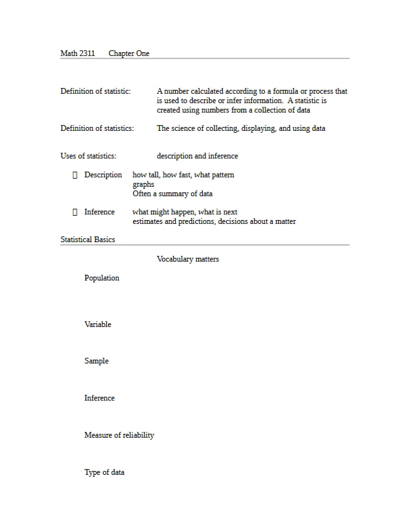 Intro to Statistics Chapter 1