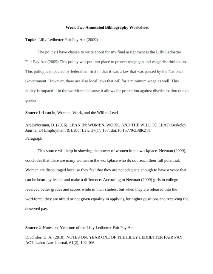 Annotated Bibliography Worksheet for Week Two