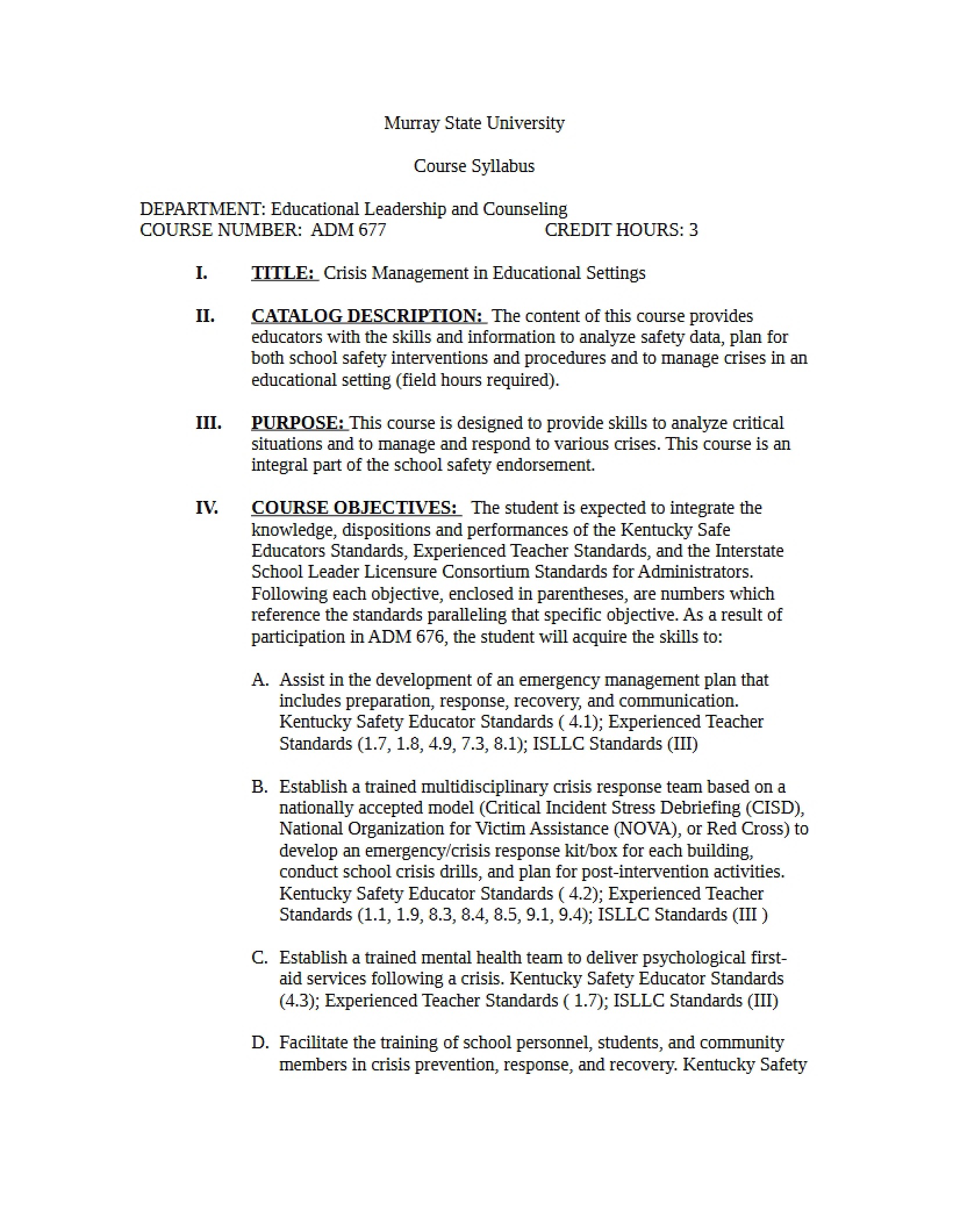 Syllabus - Crisis Management in Educational Settings