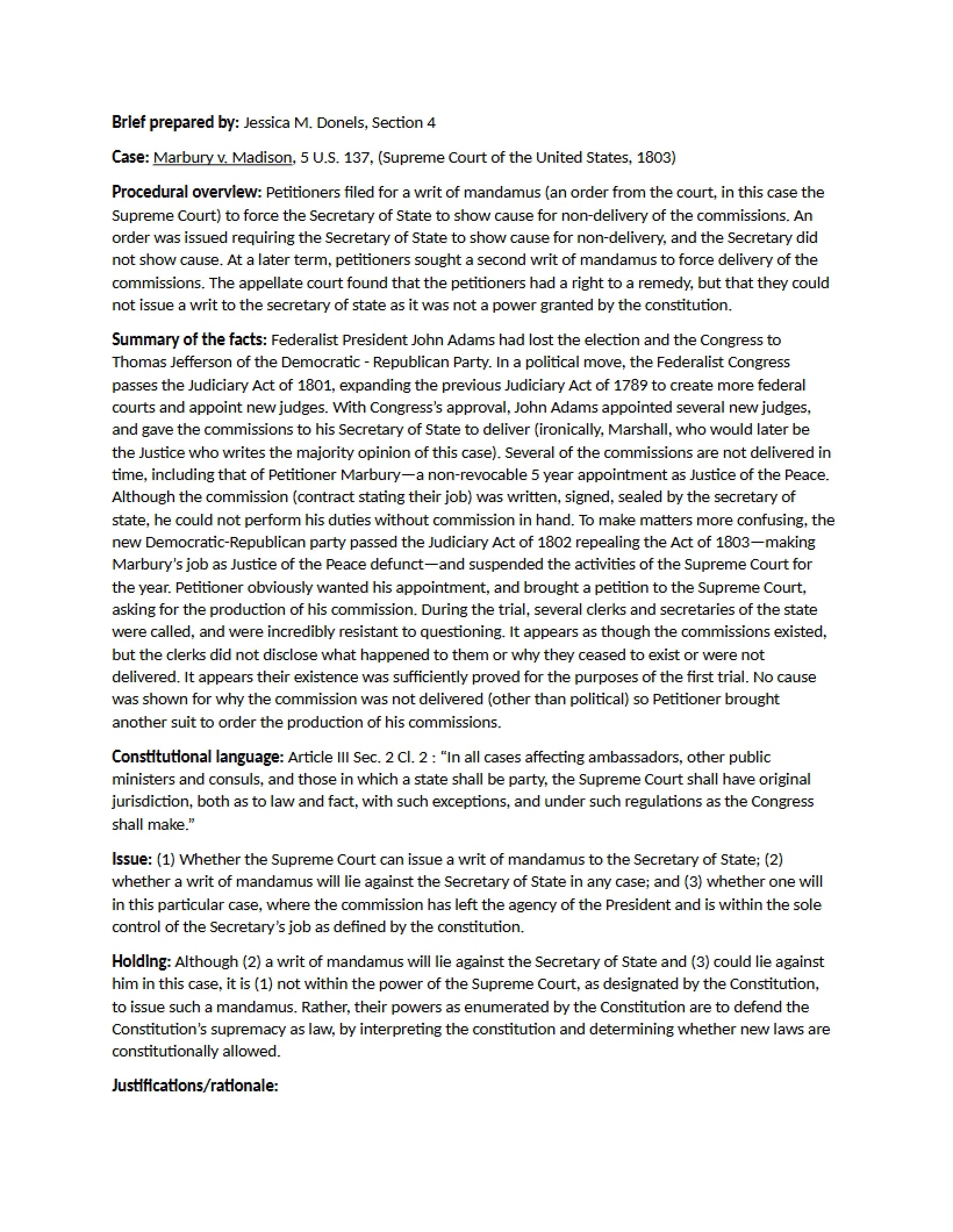 Brief on Marbury vs. Madison