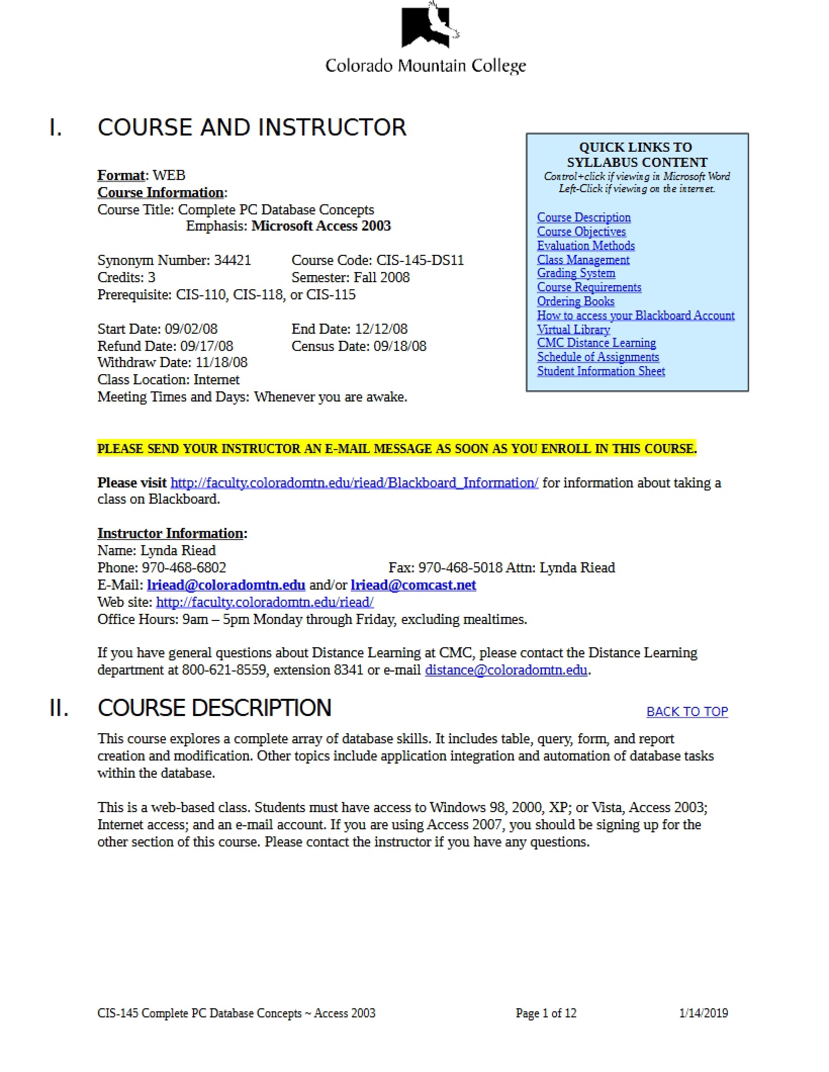 PC Database Syllabus