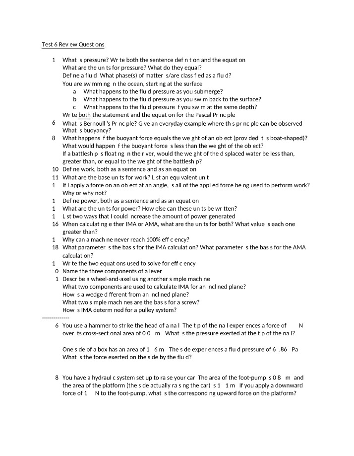 Review Questions on Pressure, Fluids, and Work