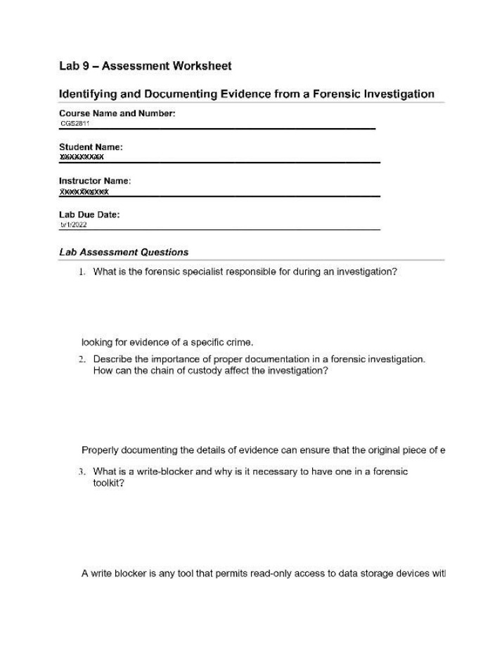 Assessment Worksheet for Lab 9