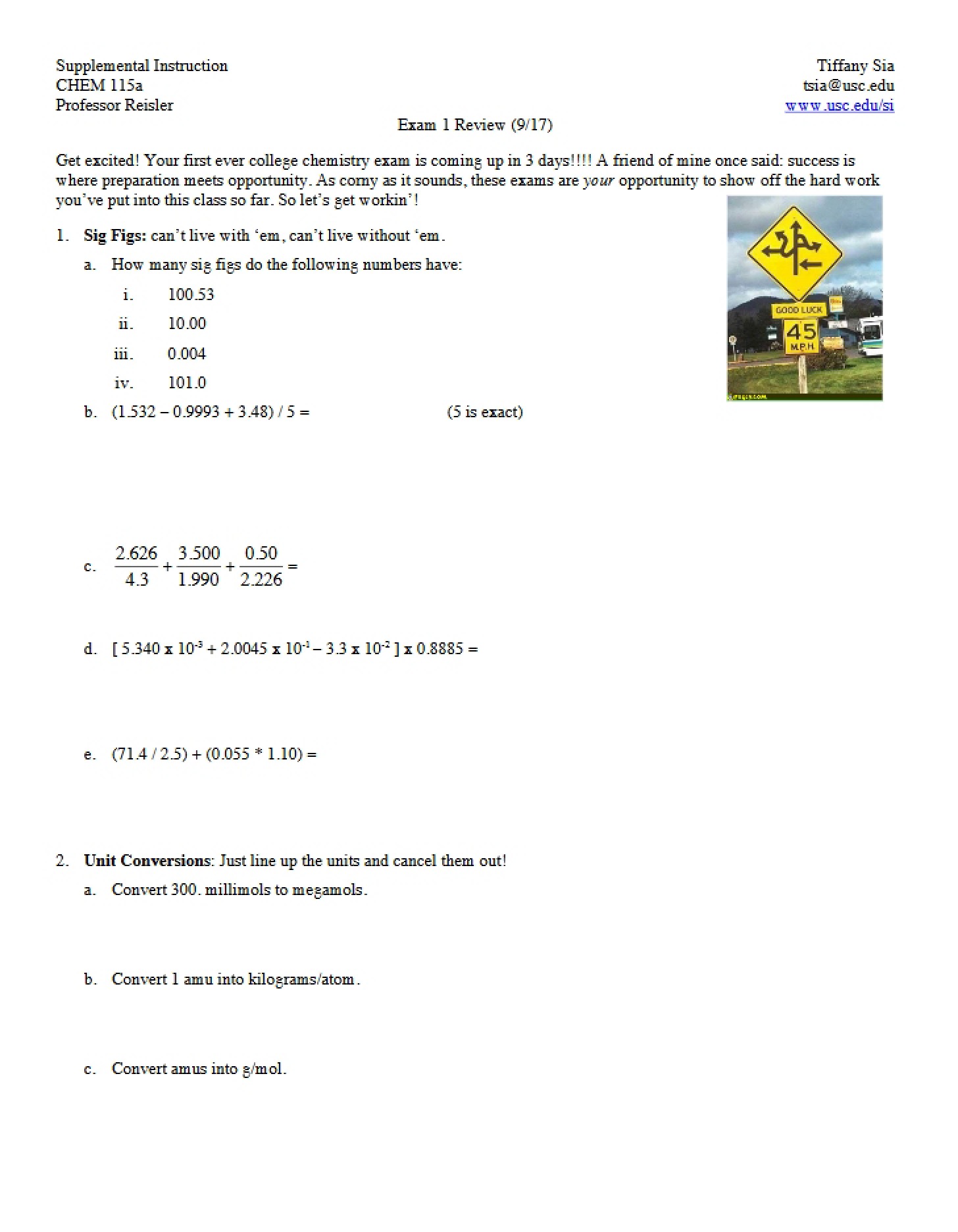 Preparation for Exam 1 - CHEM 105aLg