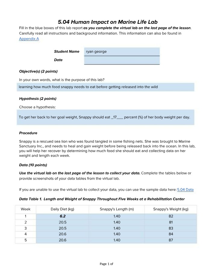 Determining Snappy's Food - Human Impact Lab