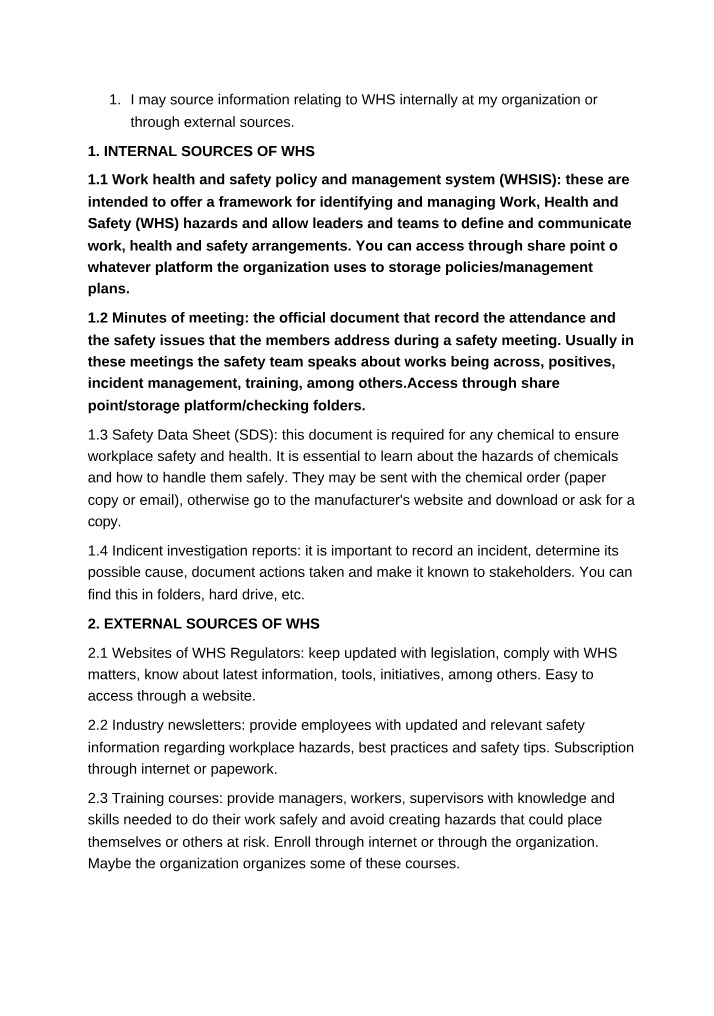 WHS Information Sources - Internal and External