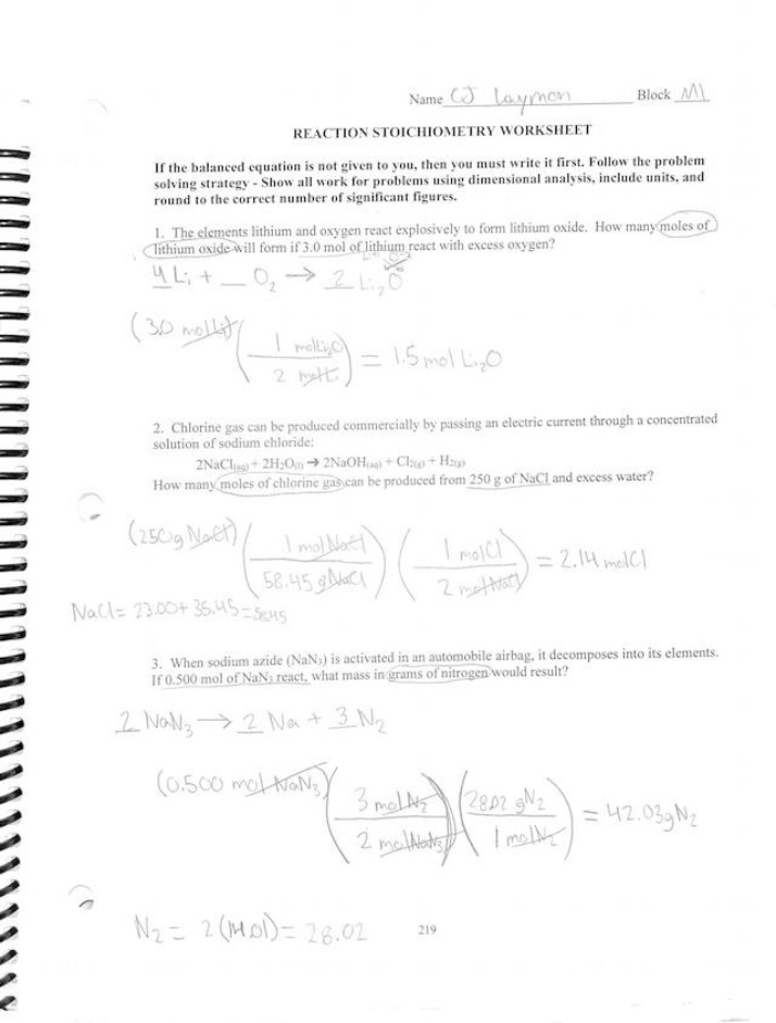Worksheet on Reaction Stoichiometry