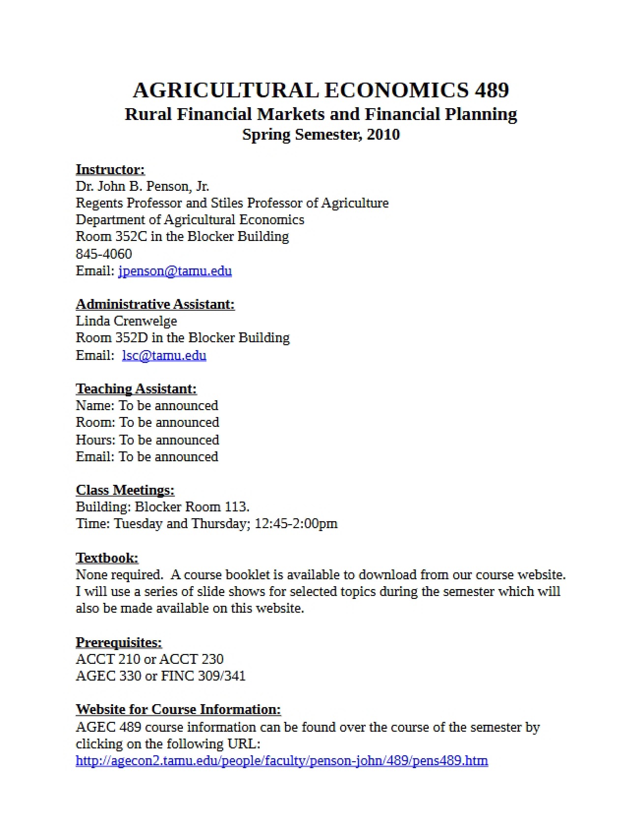 Syllabus for Special Topics from Spring 2010