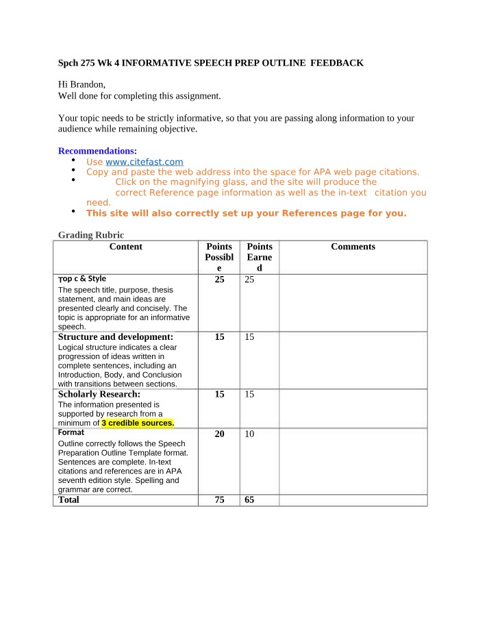 Feedback on Informative Speech Prep Outline
