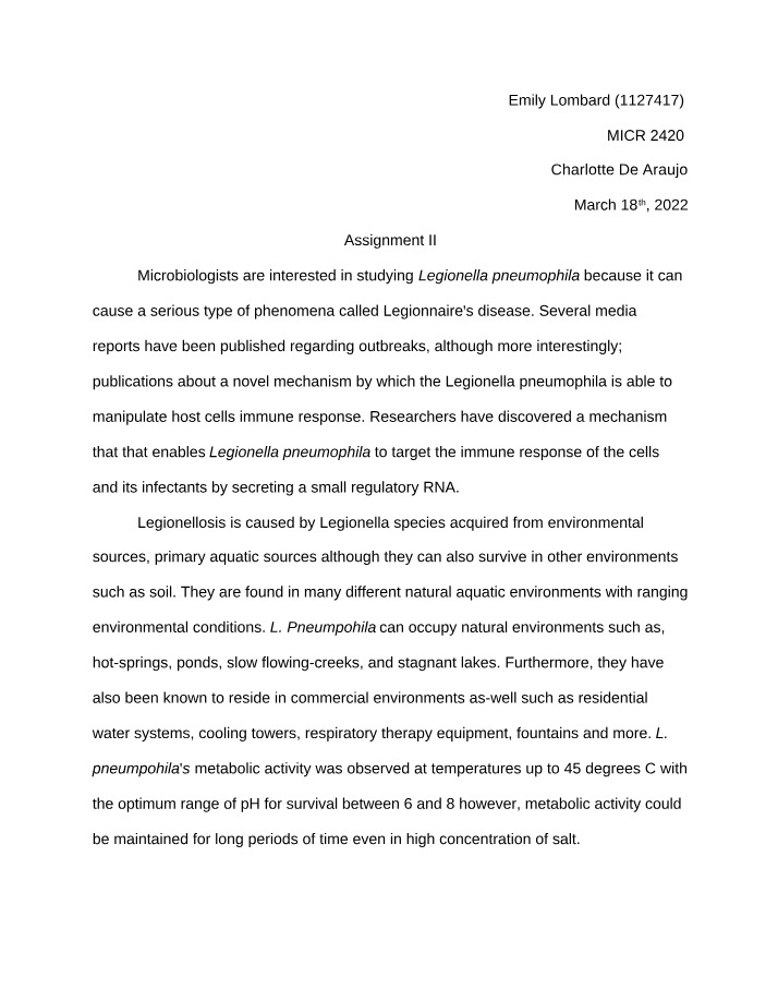 Assignment II Legionella pneumophila Analysis