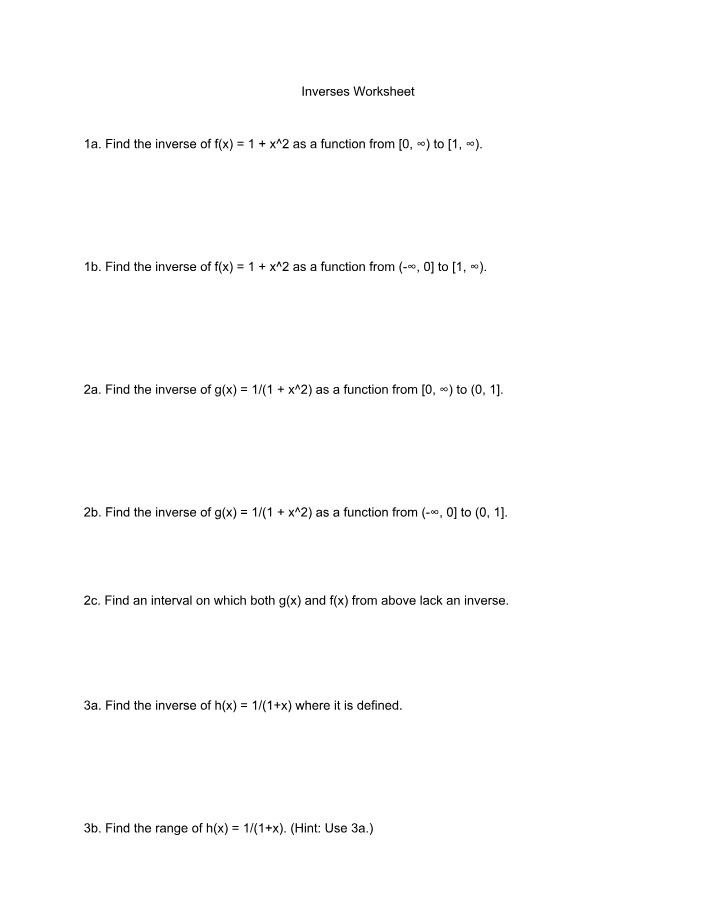 Worksheet on Inverses