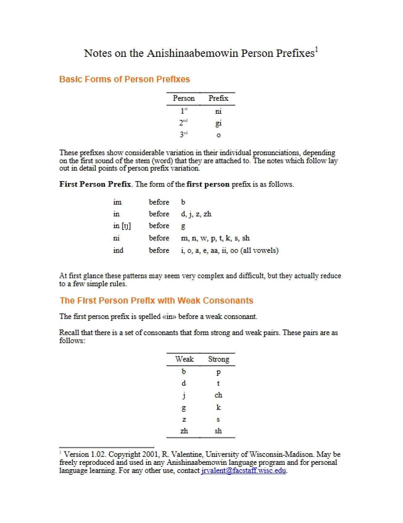 Anishinaabemowin Prefixes for Persons Notes
