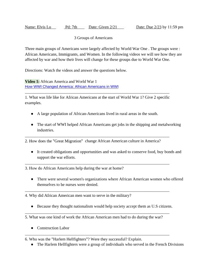 World War One - Effects on African Americans and Immigrants