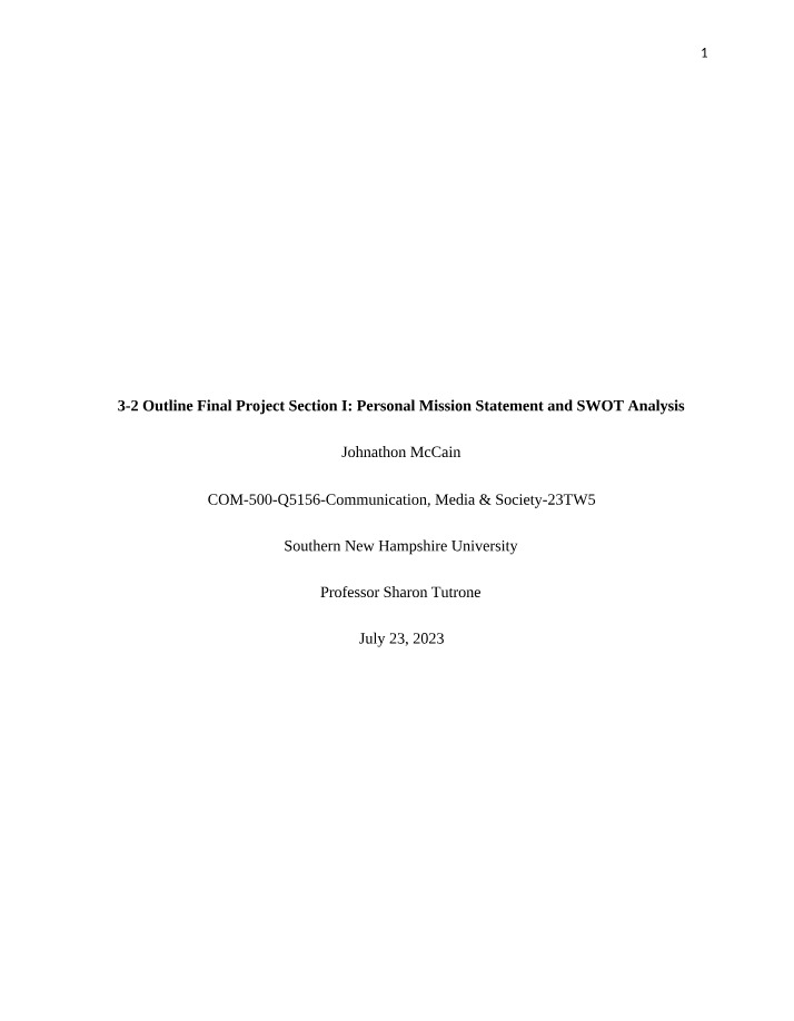 3-2 Outline - Personal Mission Statement and SWOT Analysis