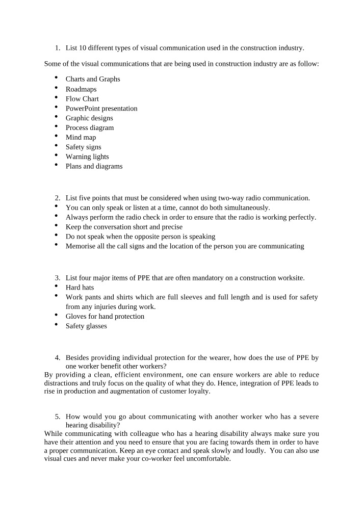 Study Questions for CPCCM1013A