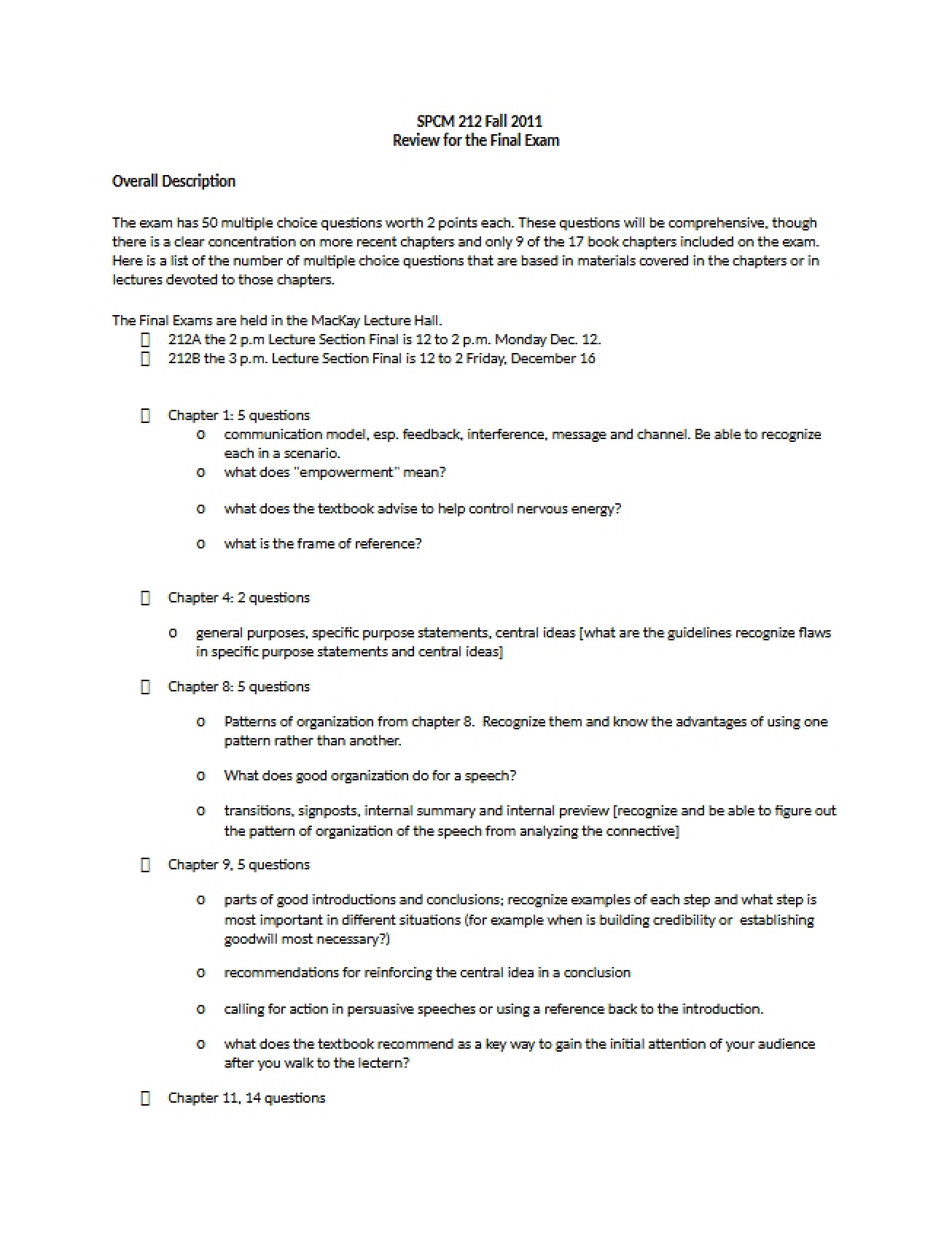 Comprehensive Review for the Final Exam in Public Speaking