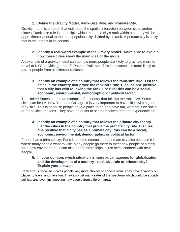 Exam Questions and Answers - Gravity Model, Rank-Size Rule, and Primate City