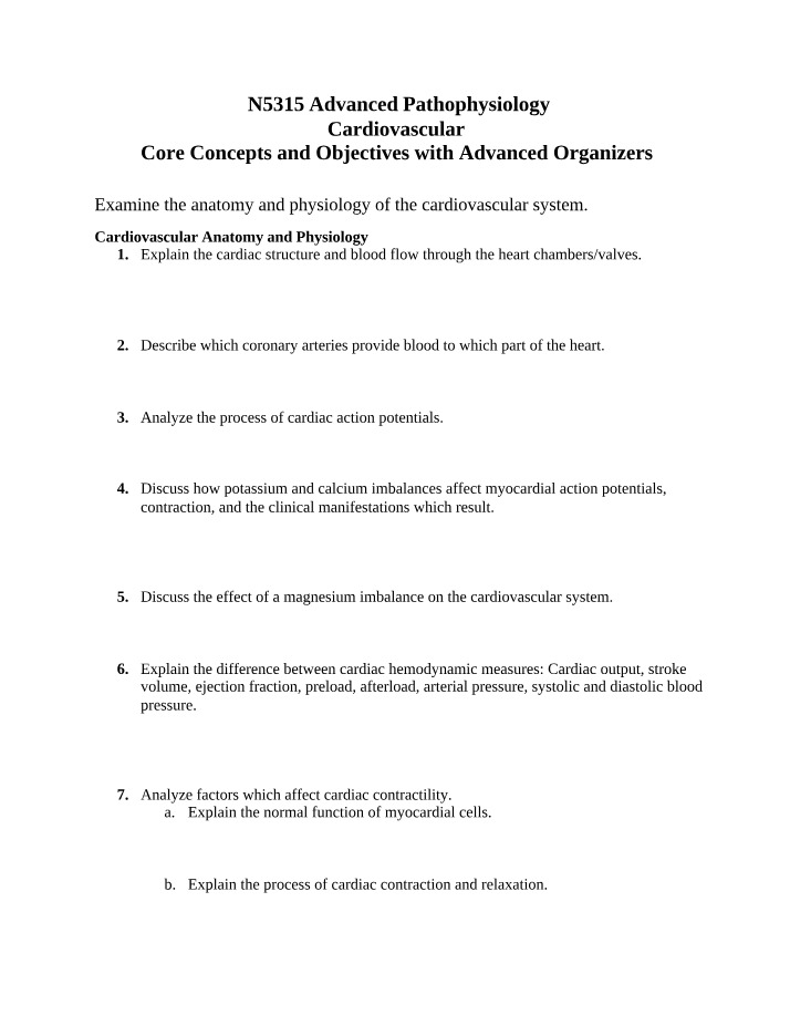 Cardiovascular Core Knowledge Objectives - N5315 (Spring 2017)