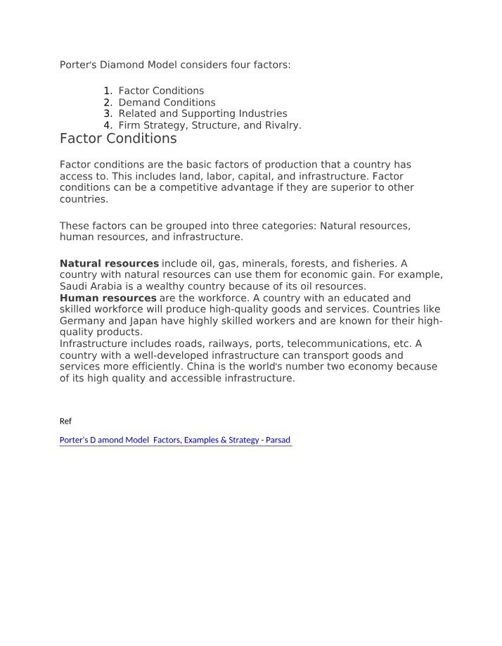 Porter's Diamond Model - Conditions and Factors