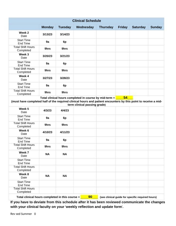 Weeks 2-8 Clinical Schedule and Shift Hours