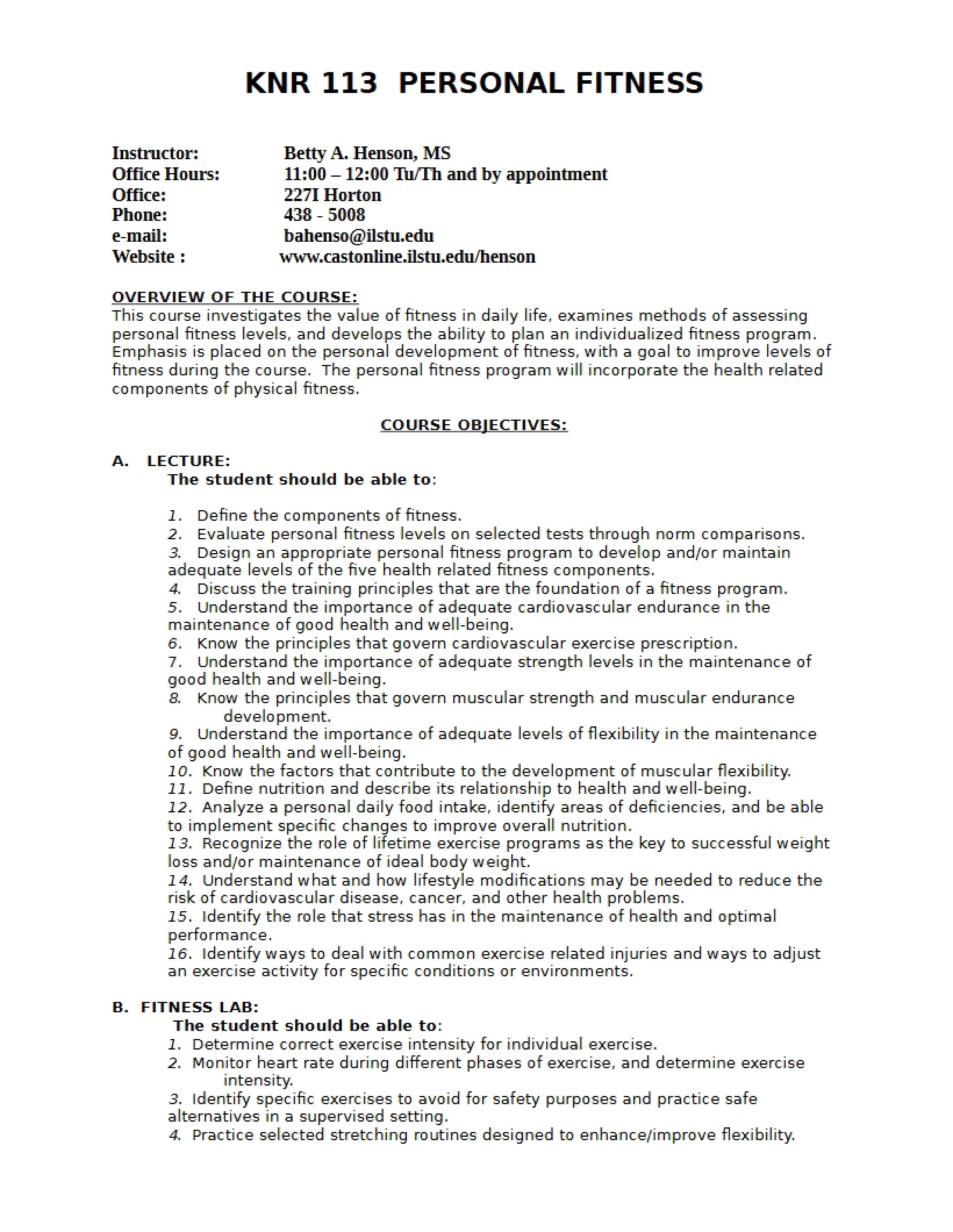 Personal Fitness Course Syllabus
