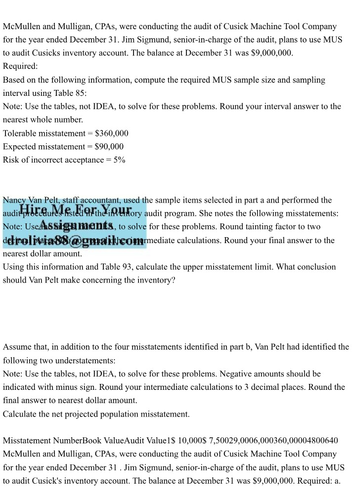 Audit of Cusick Machine Tool Company by McMullen and Mulligan CPAs