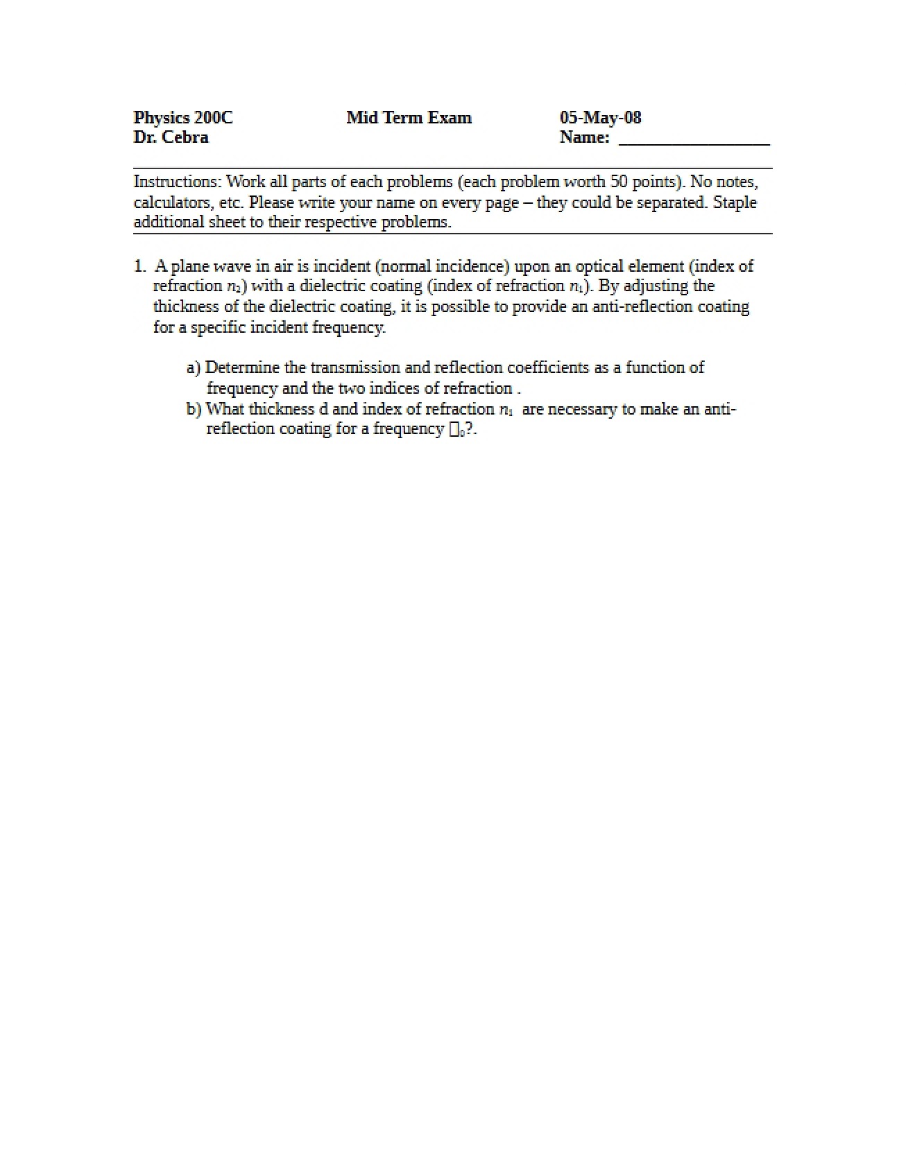 Mid-Term Exam on Electromagnetism
