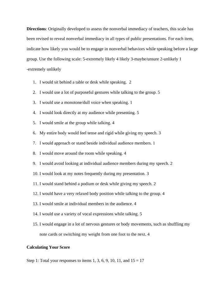 Nonverbal Immediacy Score Interpretation and Future Assessment