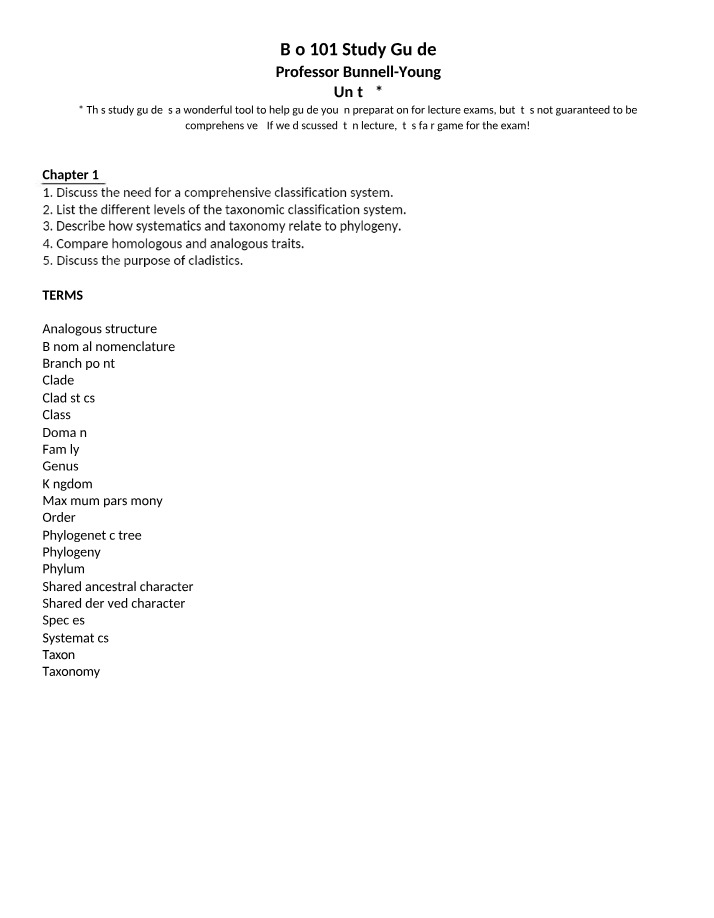 Terms and Study Guide for Bio 101