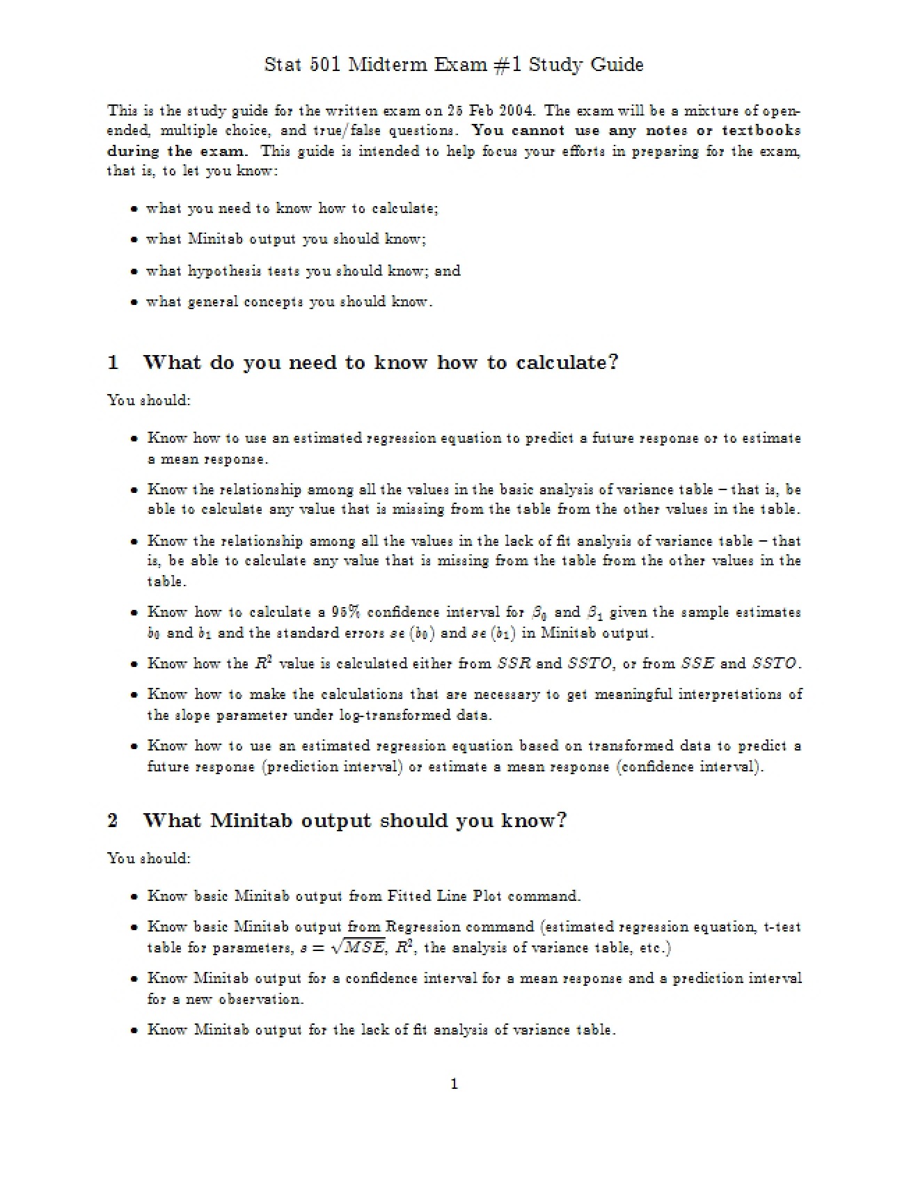 Study Guide Regression Methods
