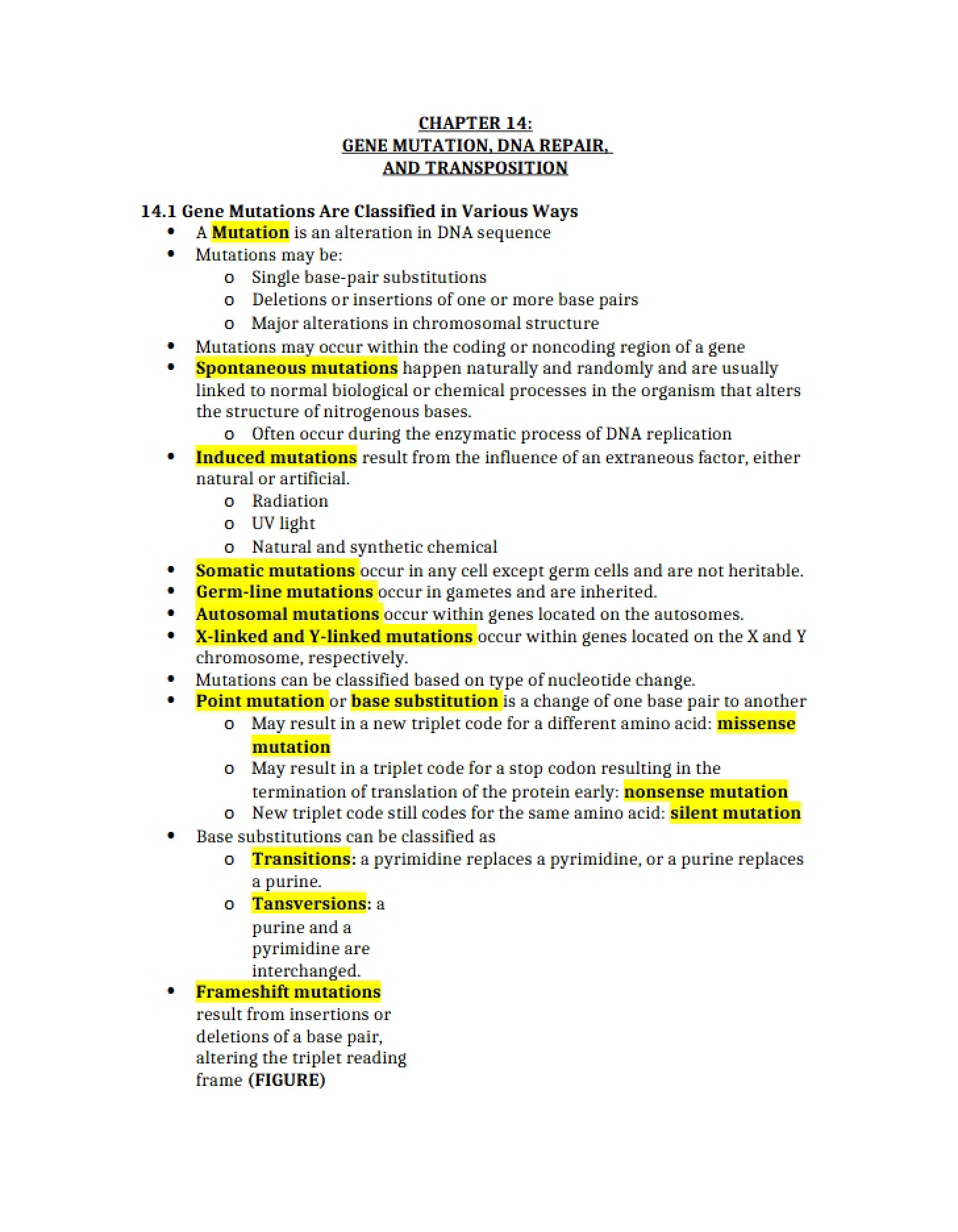 Transposition, DNA Repair, and Gene Mutation (Ch 14)