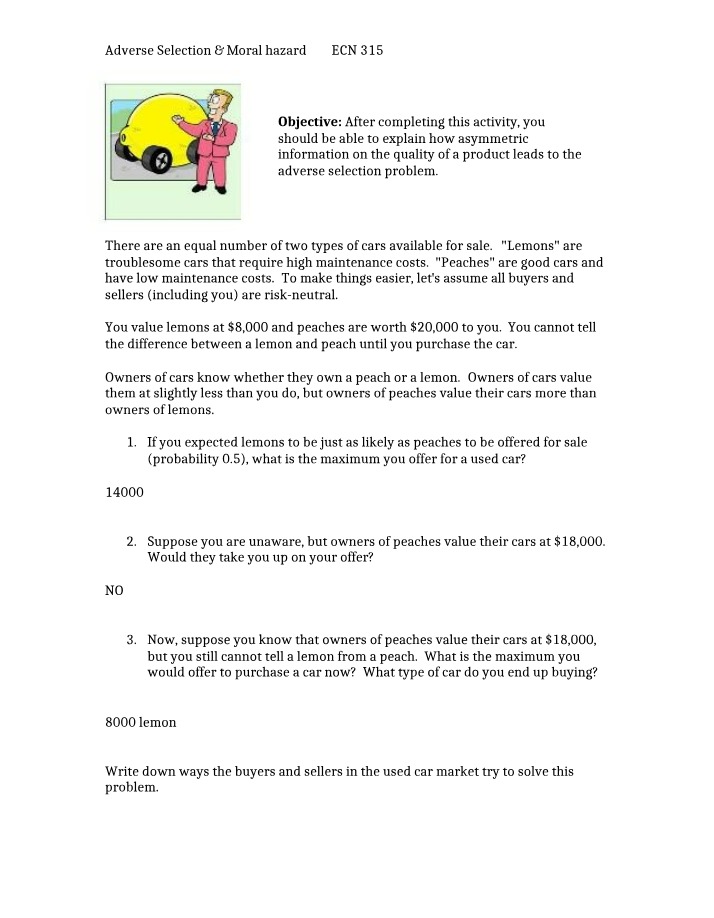 Adverse Selection and Moral Hazard in ECN 315