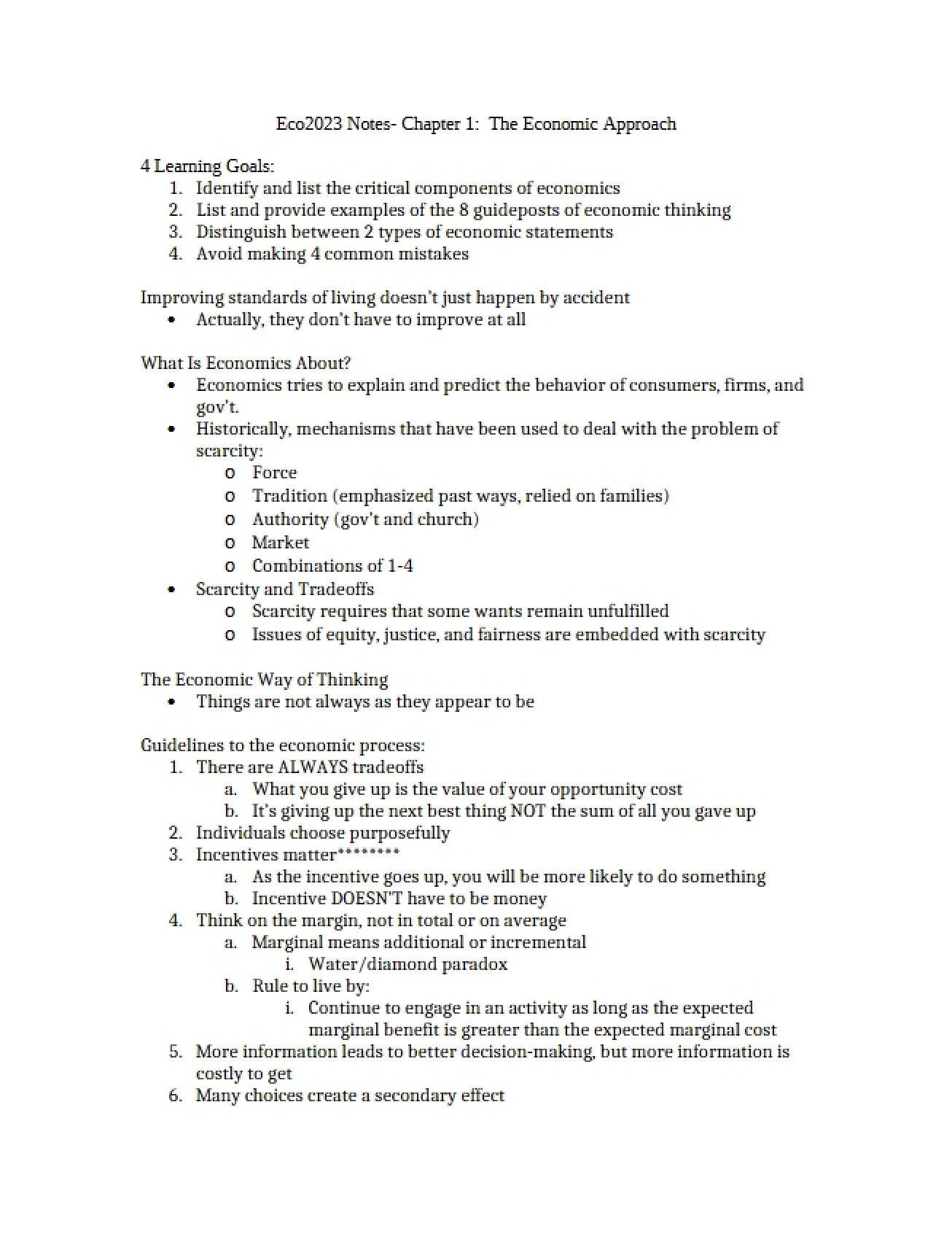 Notes on the Economic Approach from Chapter One
