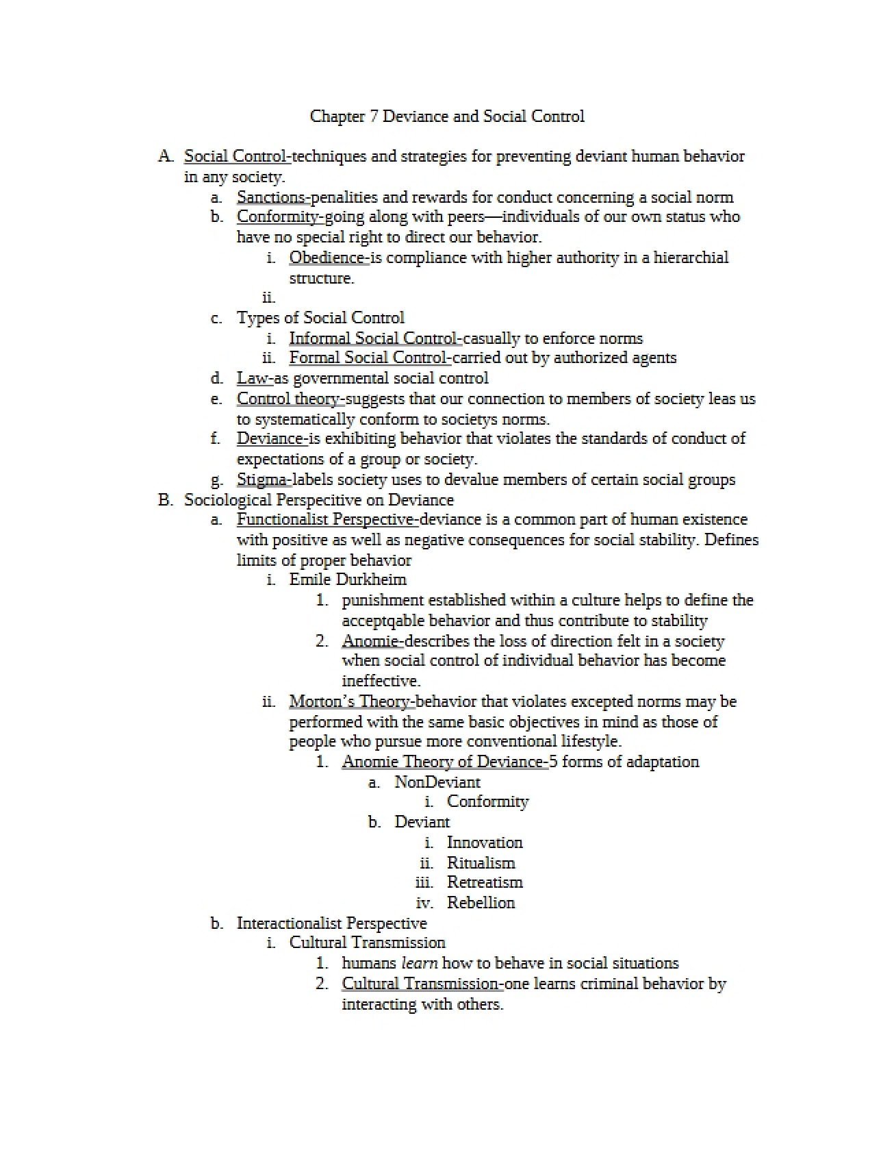 Social Control and Deviance (Ch 7)