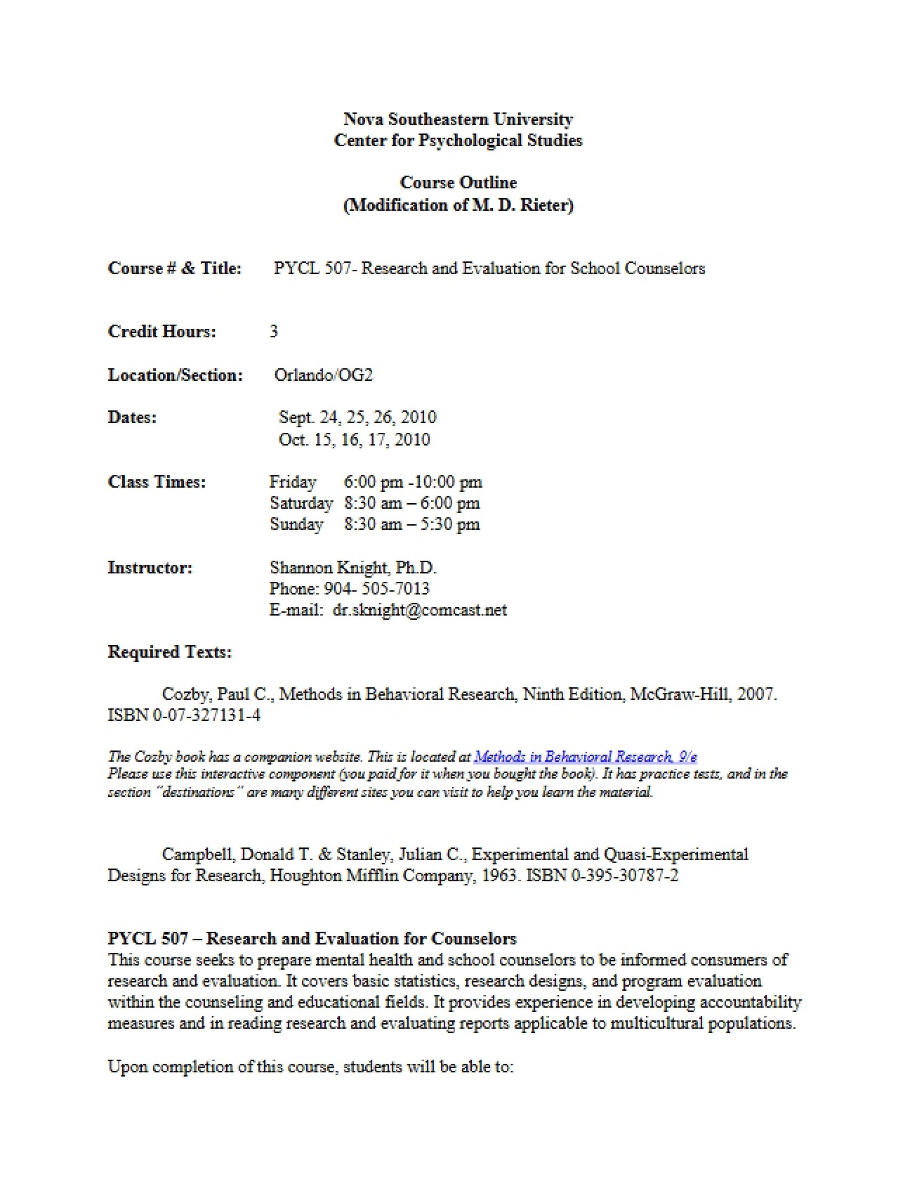 Counseling Evaluation Course Outline