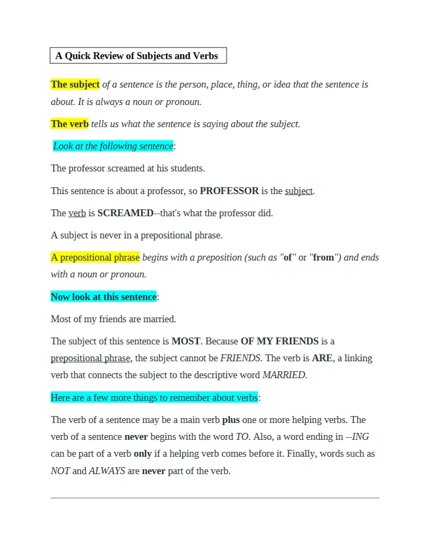 Verbs and Subjects Quick Review