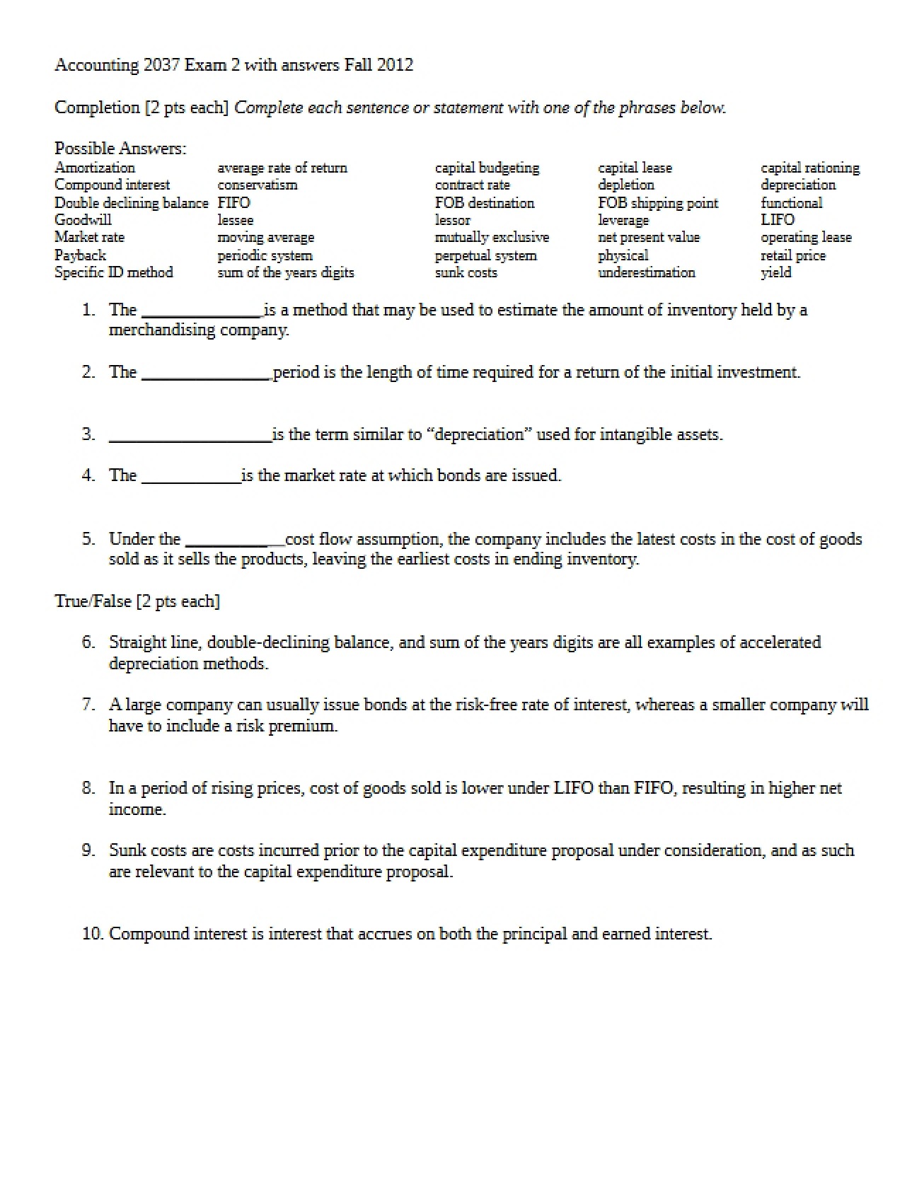 Fall 2012 Unanswered Exam 2